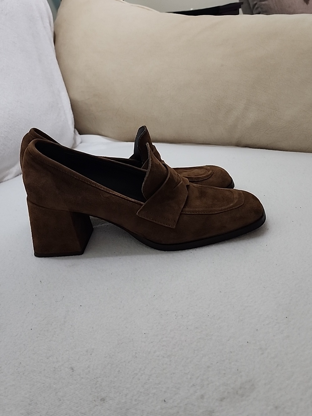 Women's Brown Suede Block Heel Loafers - Classic Luxe.size 39